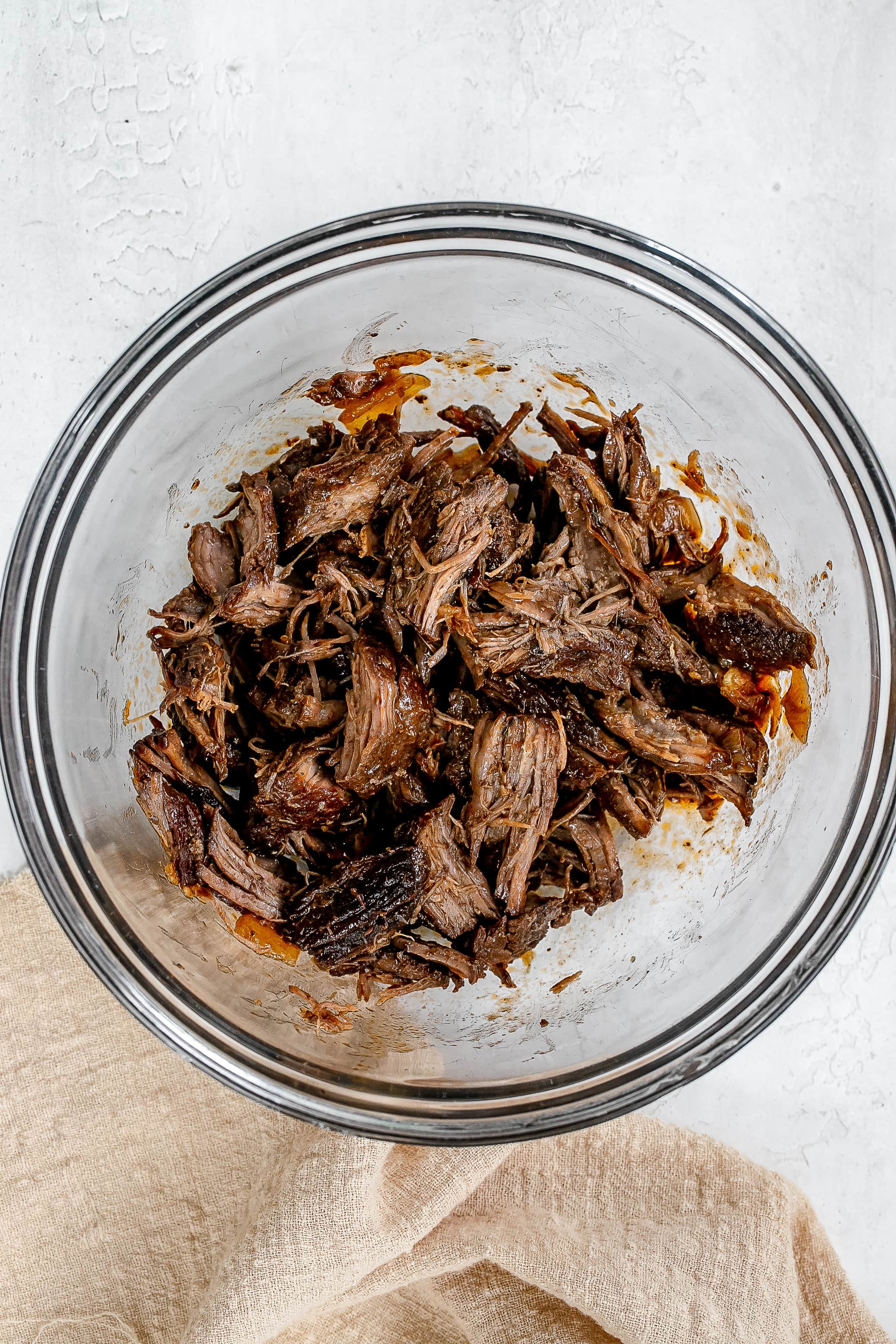 shredded short ribs in bowl.