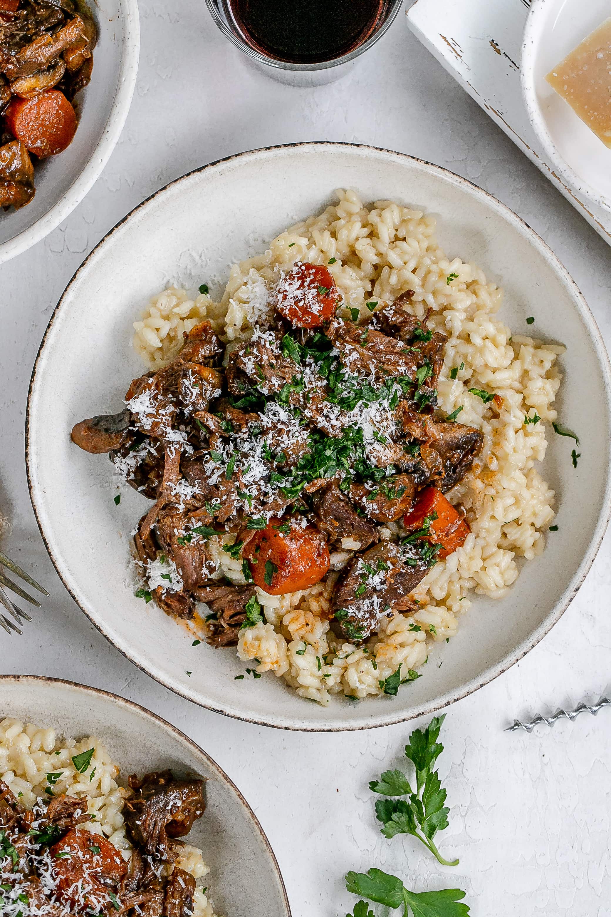 short ribs with risotto in bowl.