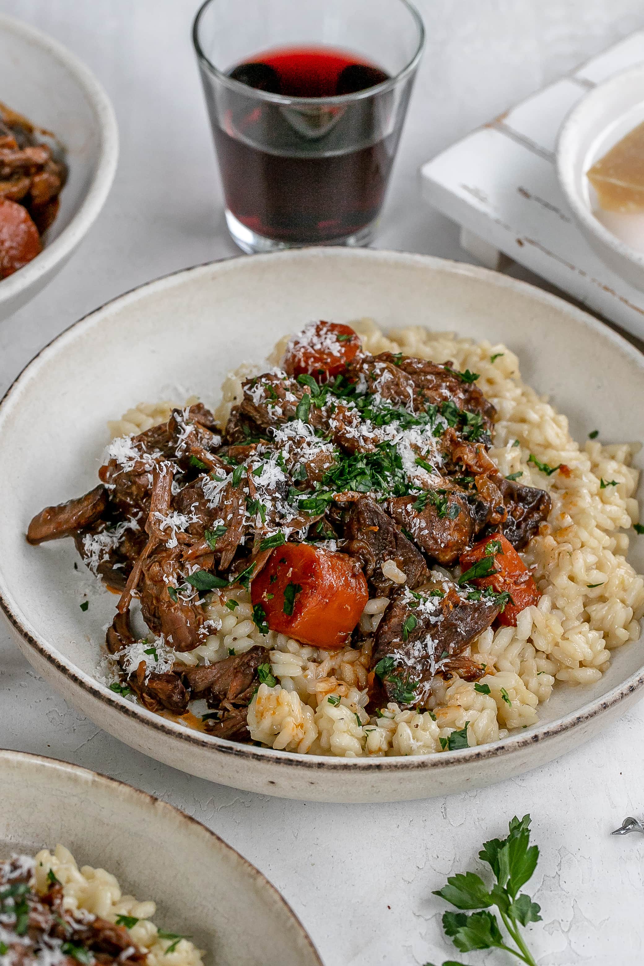 short ribs with risotto in bowl.