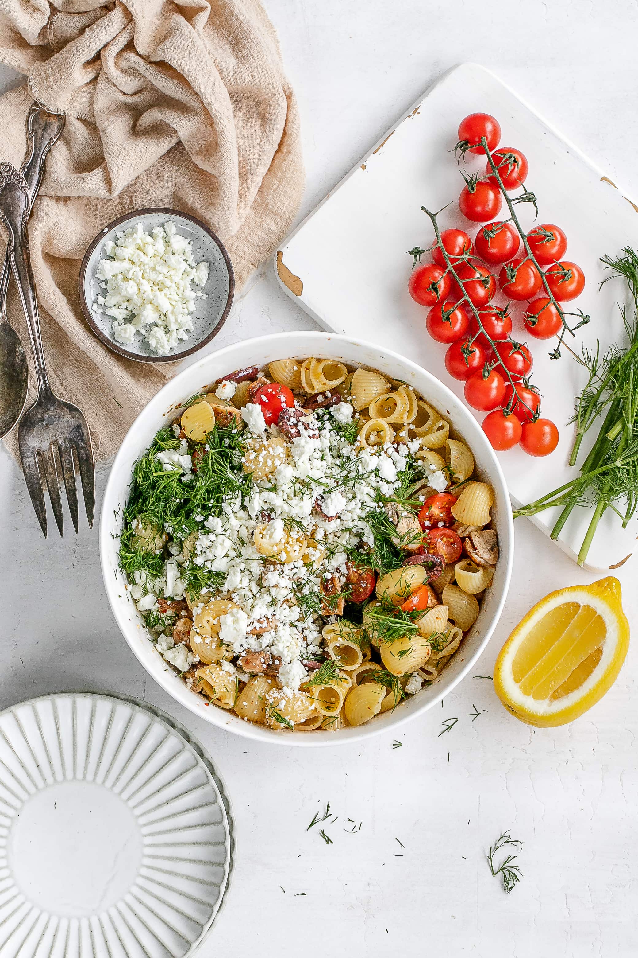 greek chicken pasta salad in a large bowl.