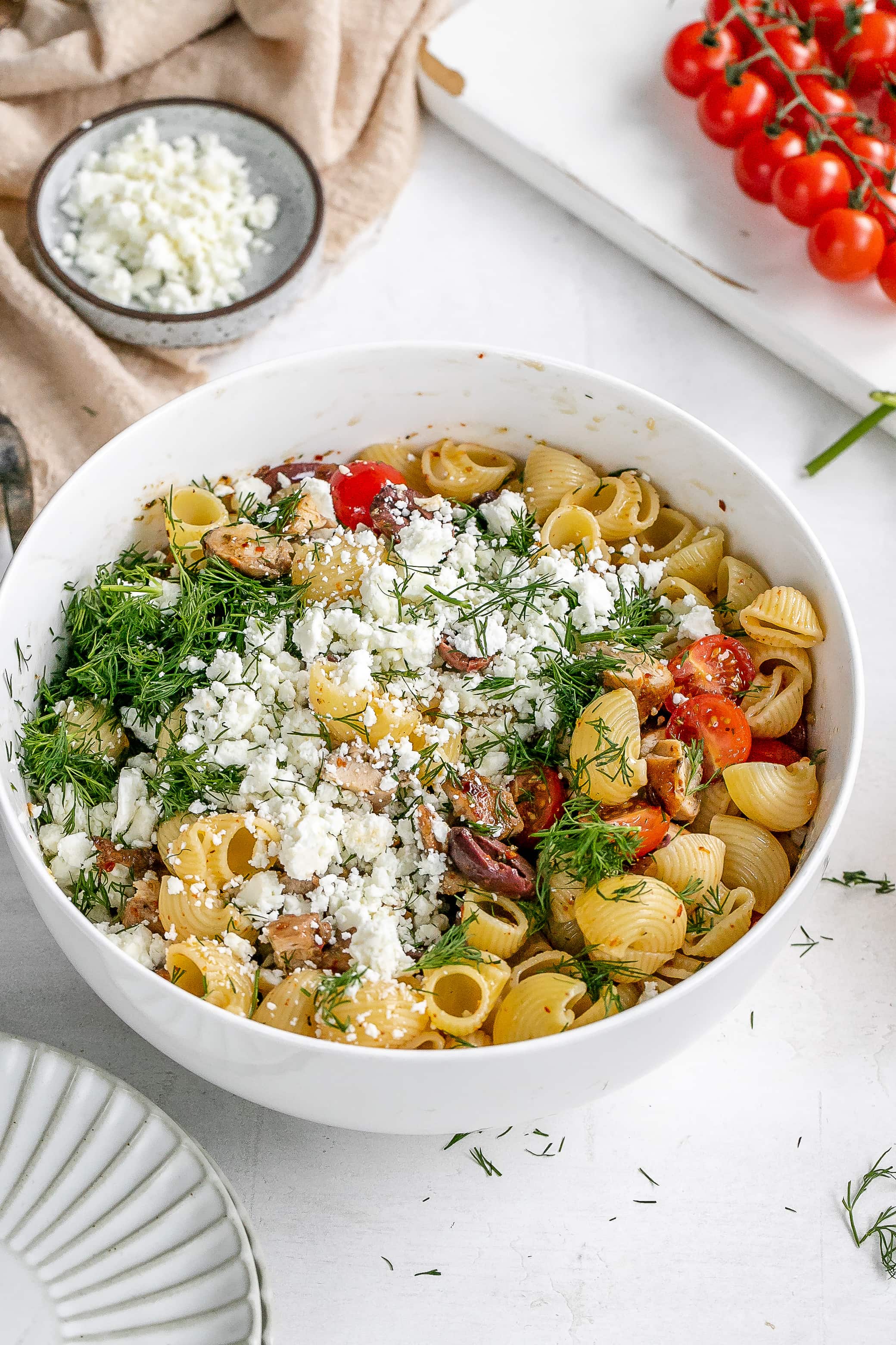 greek chicken pasta salad in a large bowl.