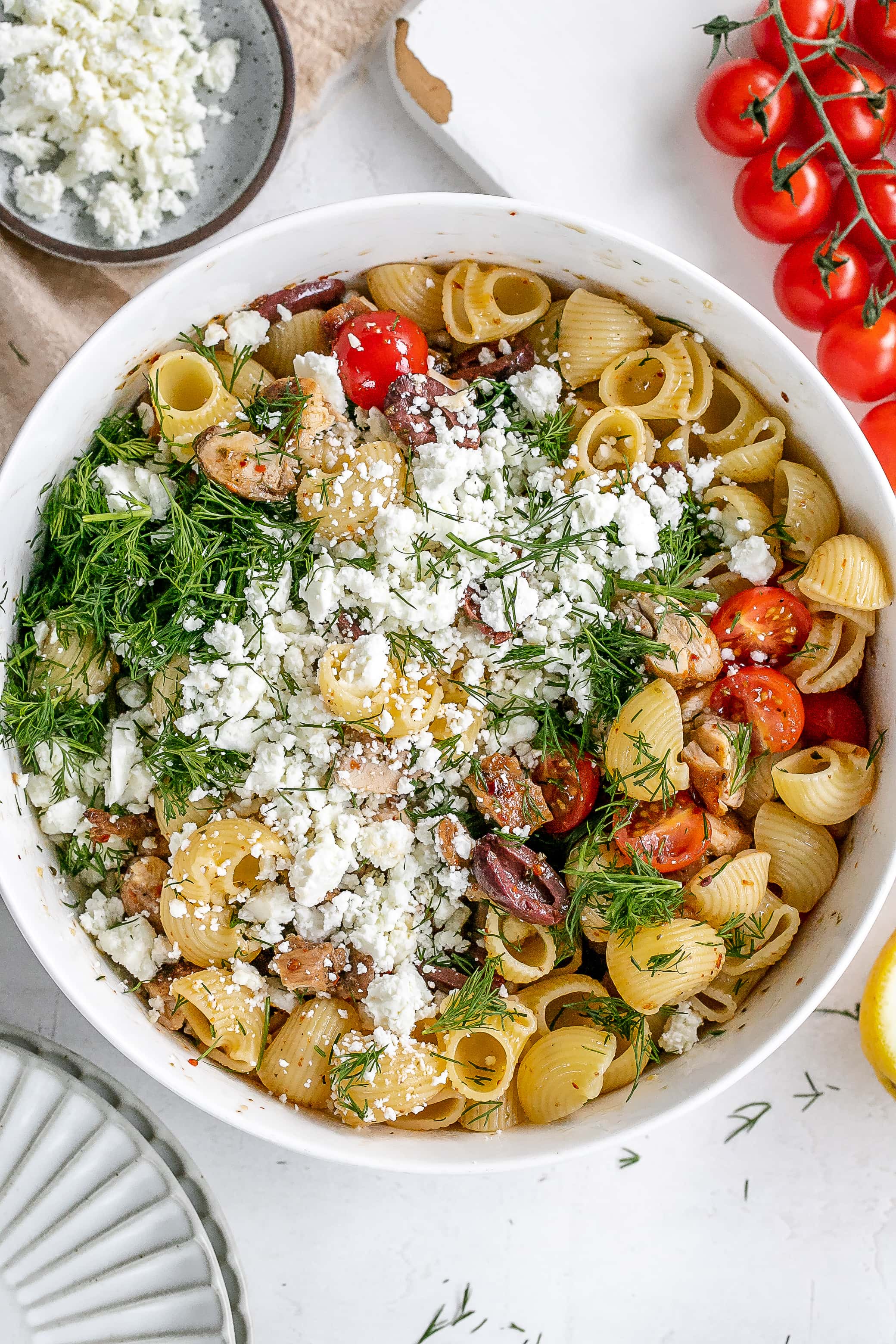 greek chicken pasta salad in a large bowl.