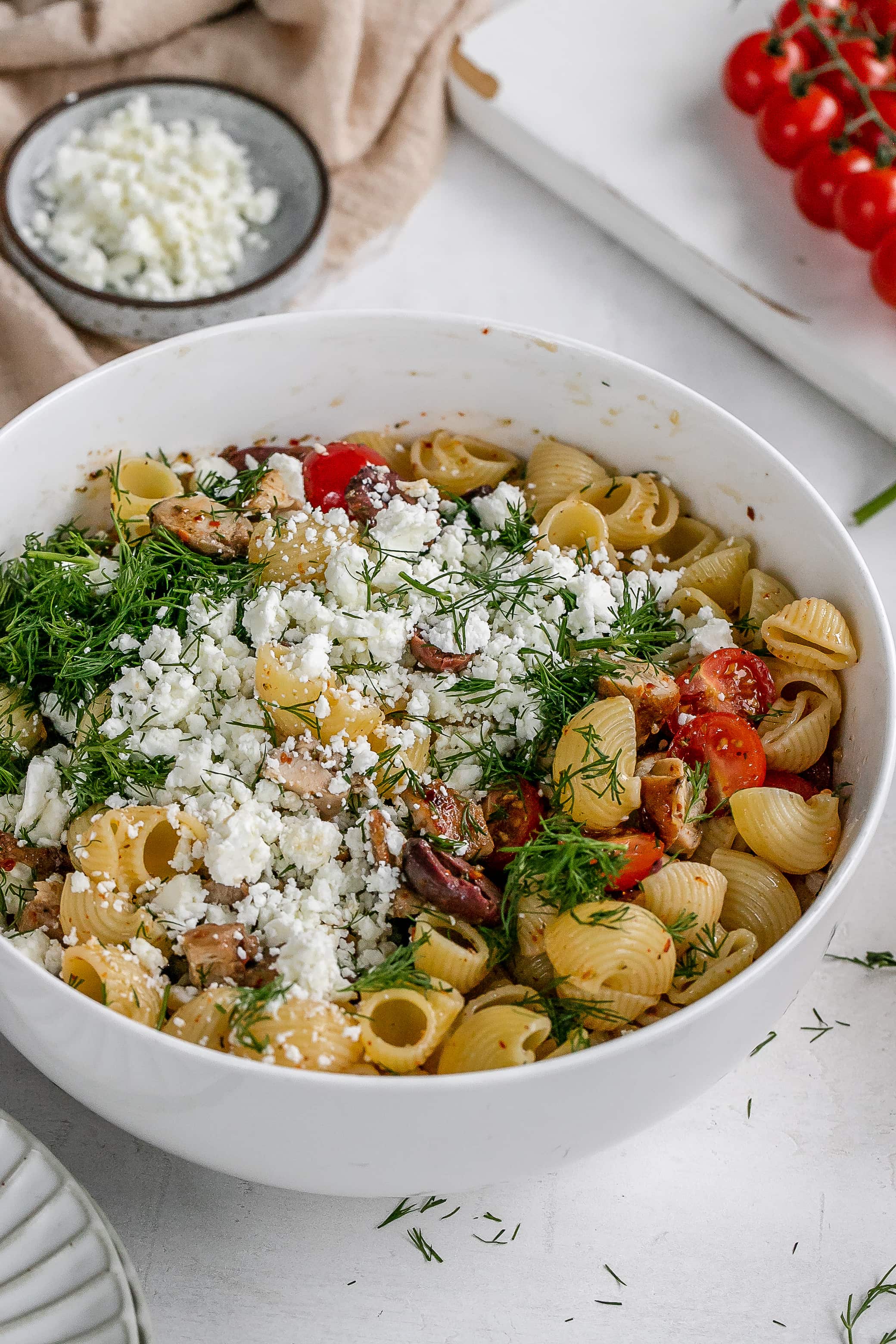 greek chicken pasta salad in a large bowl.