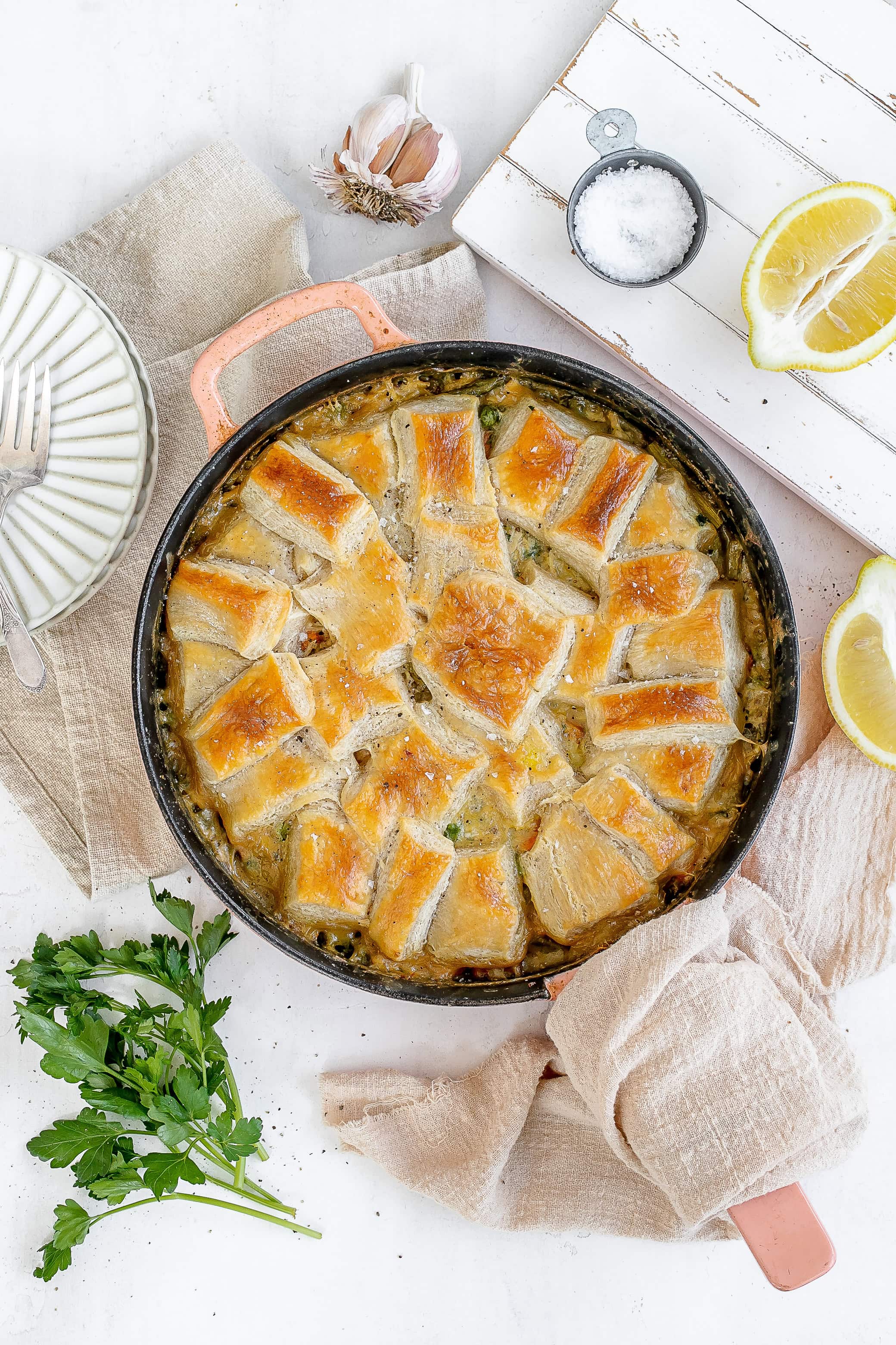 cast iron spring chicken pot pie with puff pastry