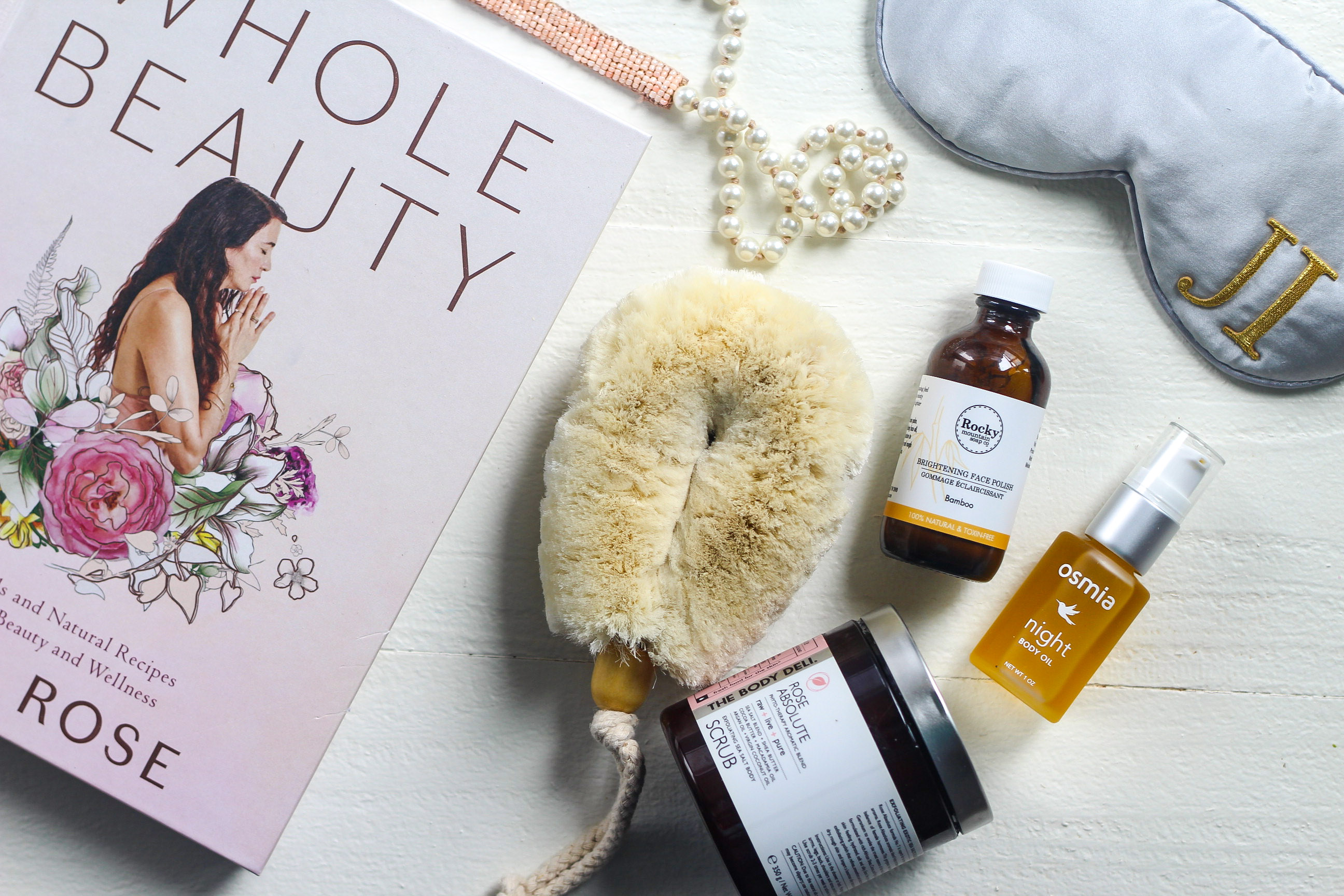 natural beauty products laid out on table.