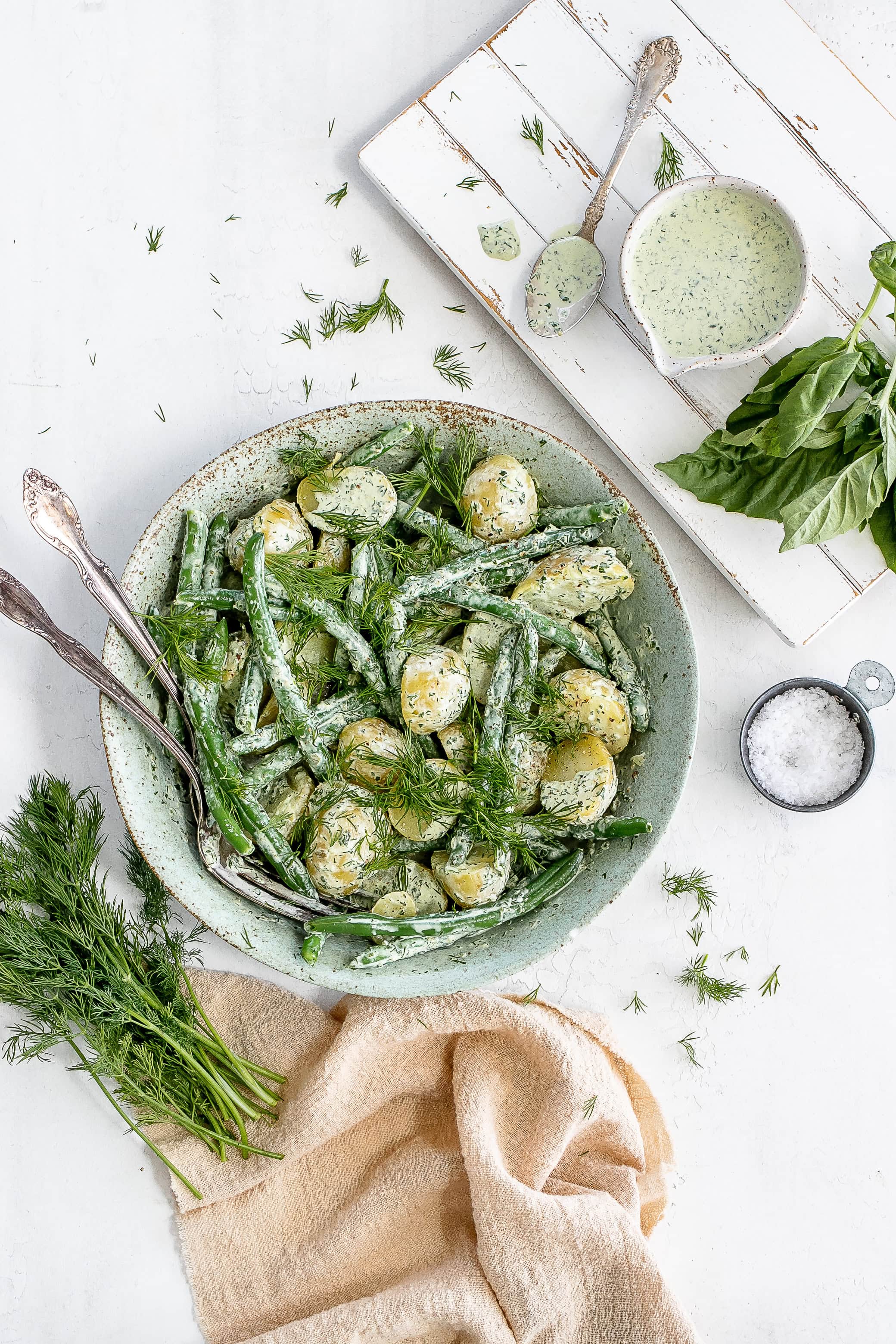 green goddess potato salad in salad bowl. 