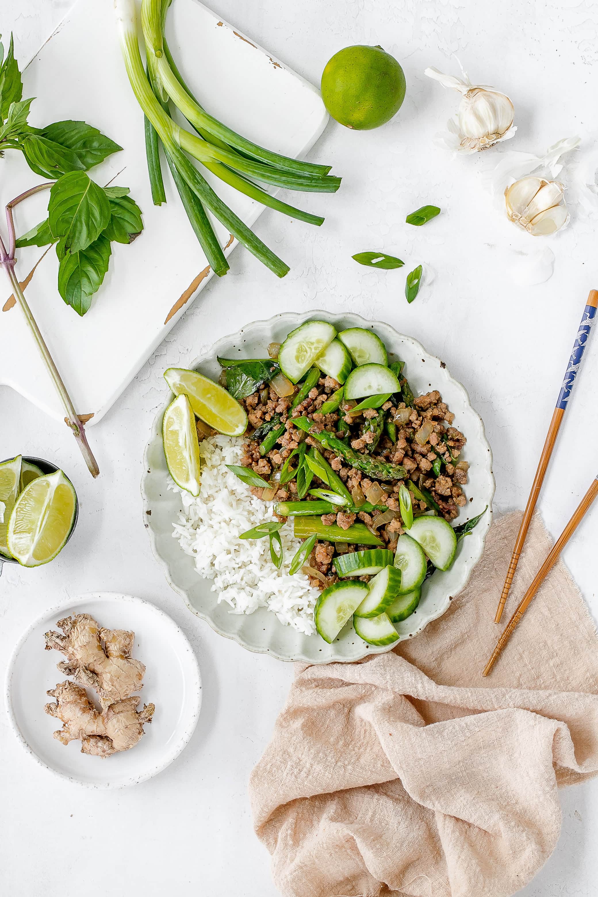 Thai ground pork stir fry on a plate.