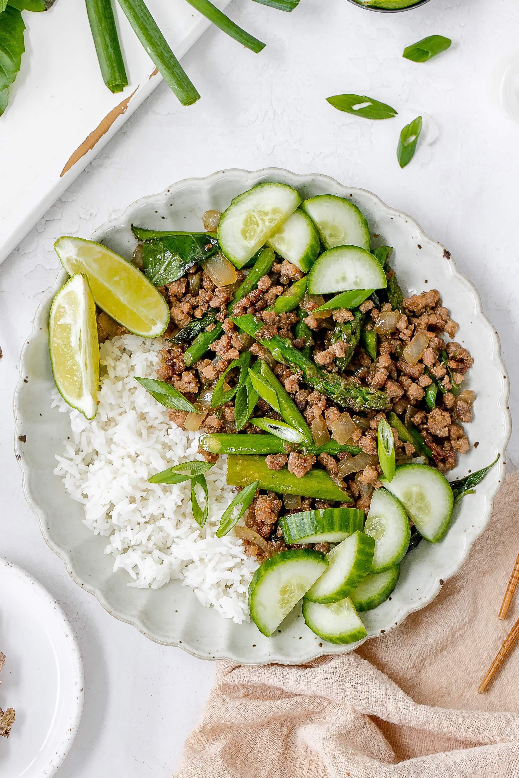 Thai ground pork stir fry on a plate.