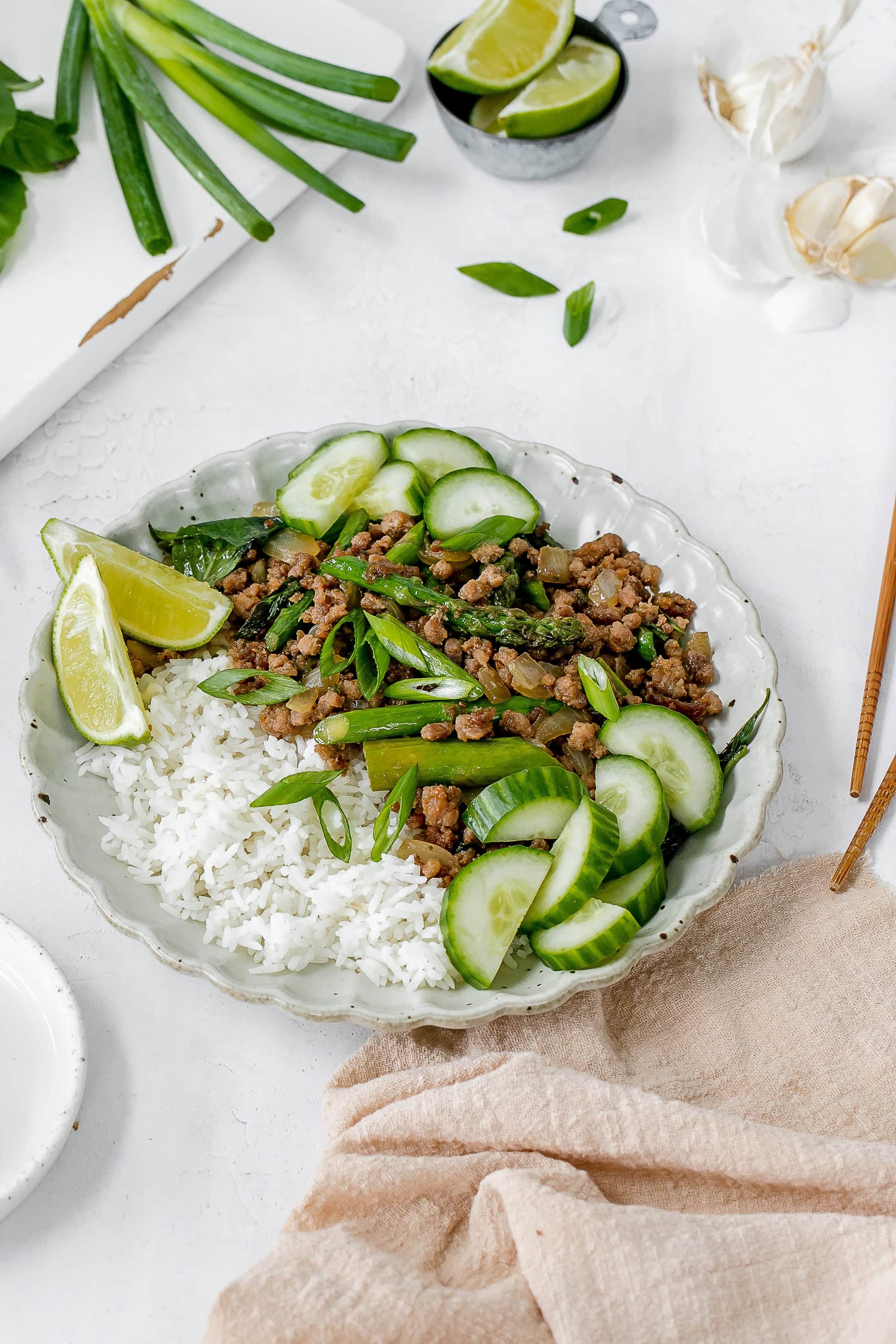 Thai ground pork stir fry on a plate.