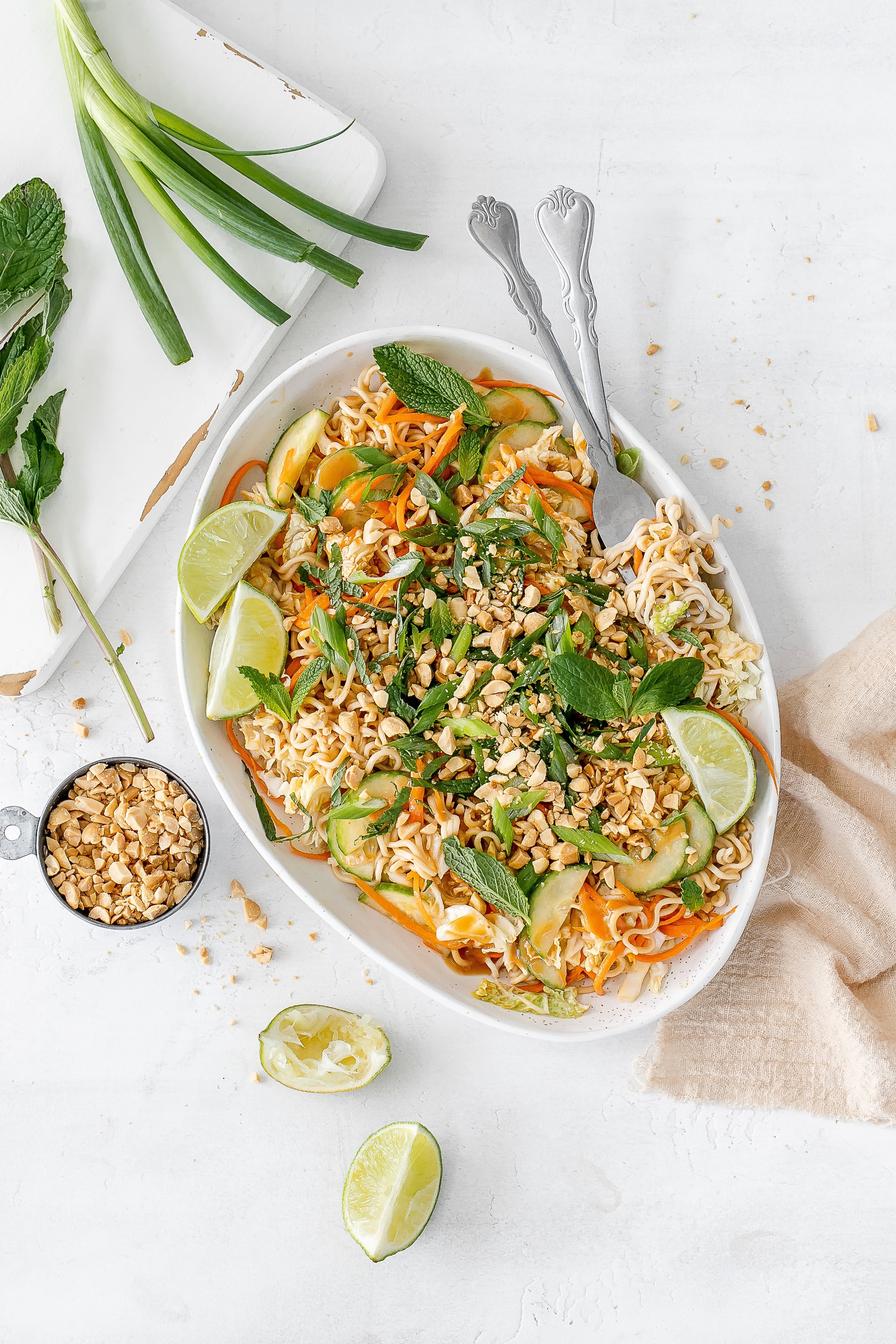cold ramen noodle salad on a platter.