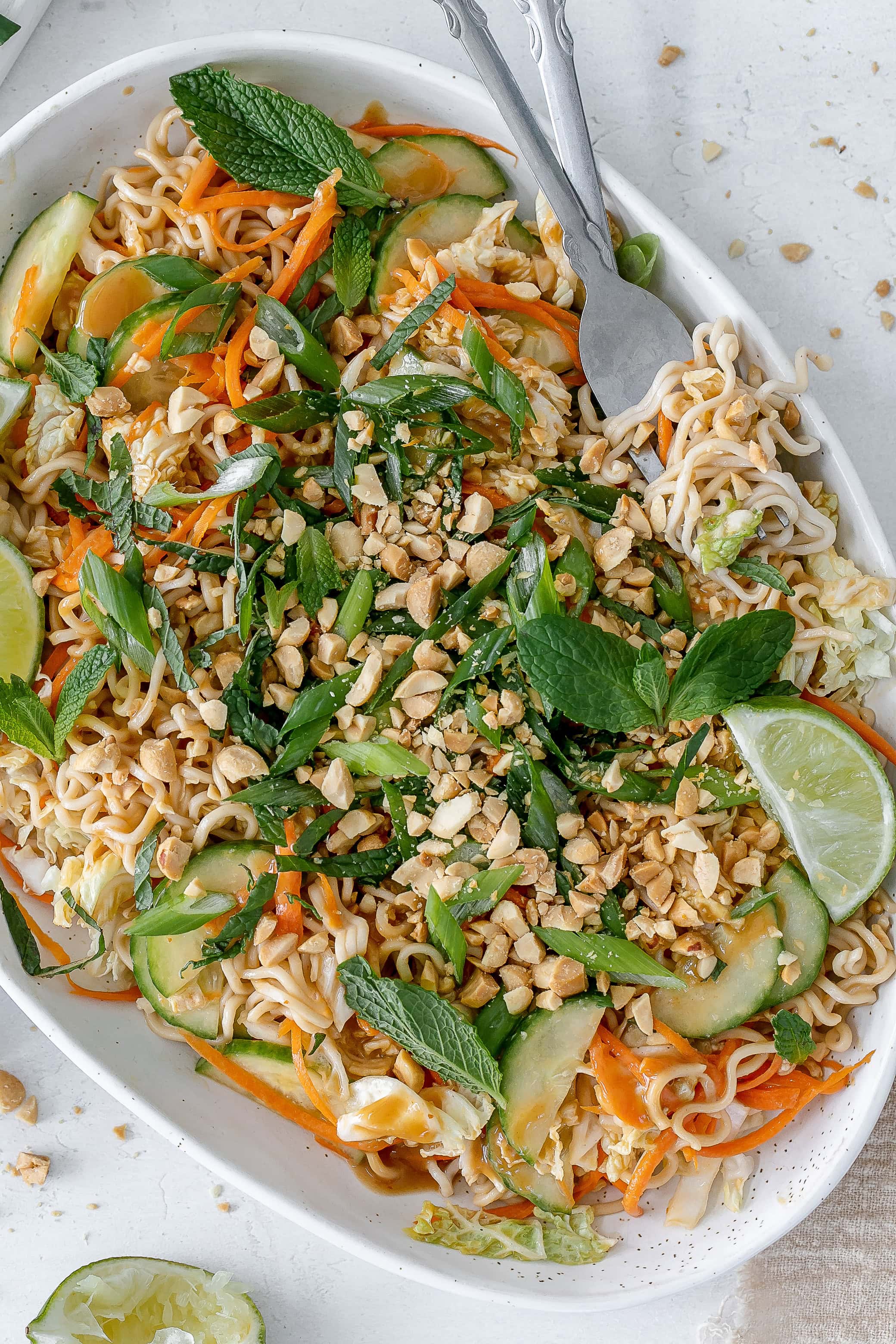 cold ramen noodle salad on a platter.