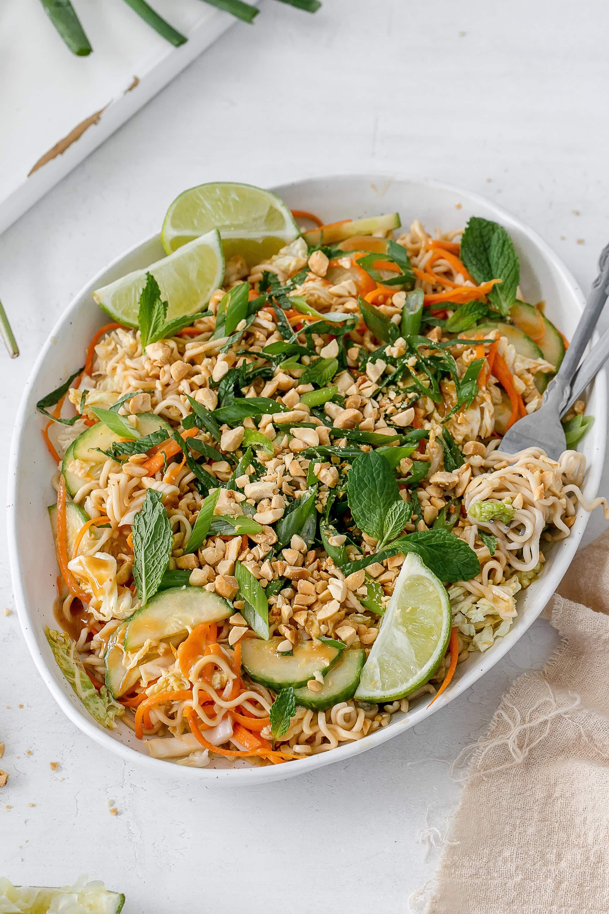 cold ramen noodle salad on a platter.