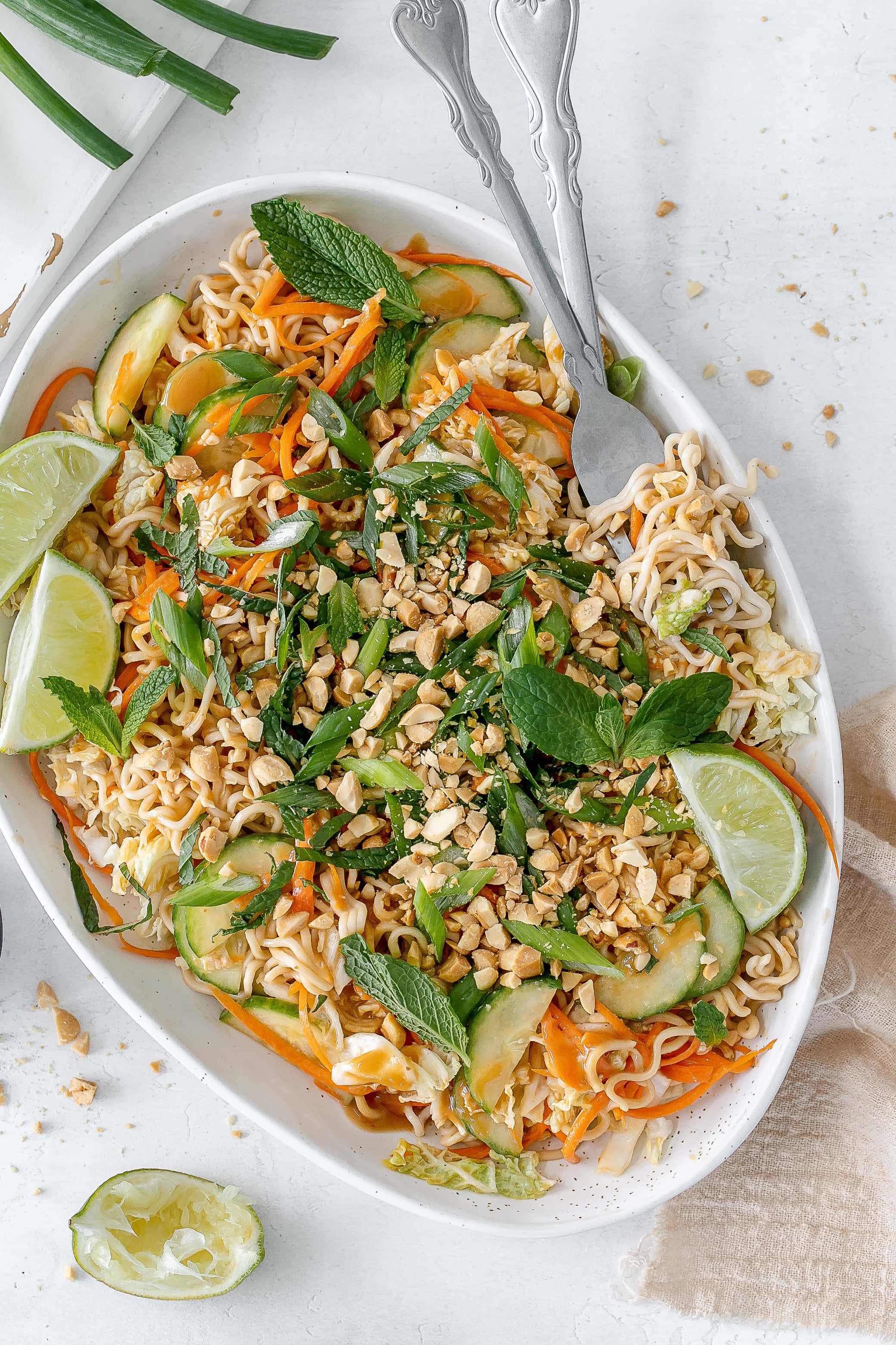 cold ramen noodle salad on a platter.
