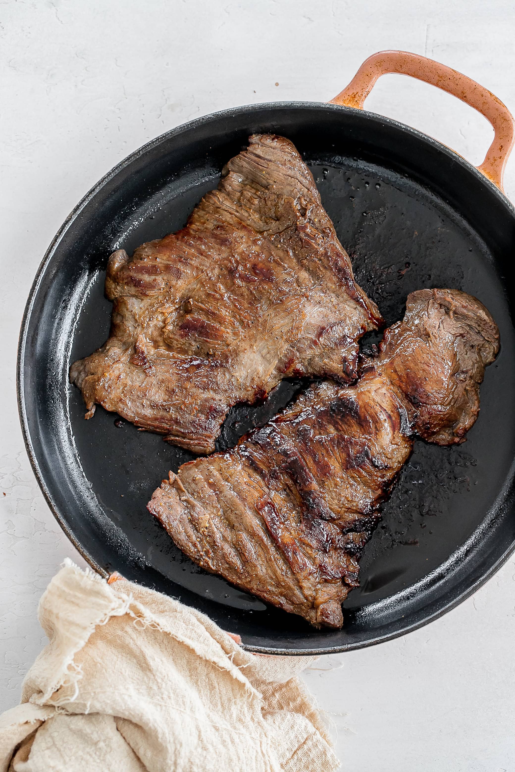 steak in cast iron skillet.