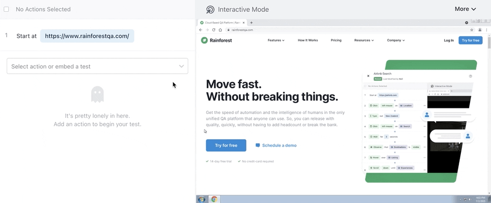 Add a Click Action in Rainforest QA: Try for Free Button example