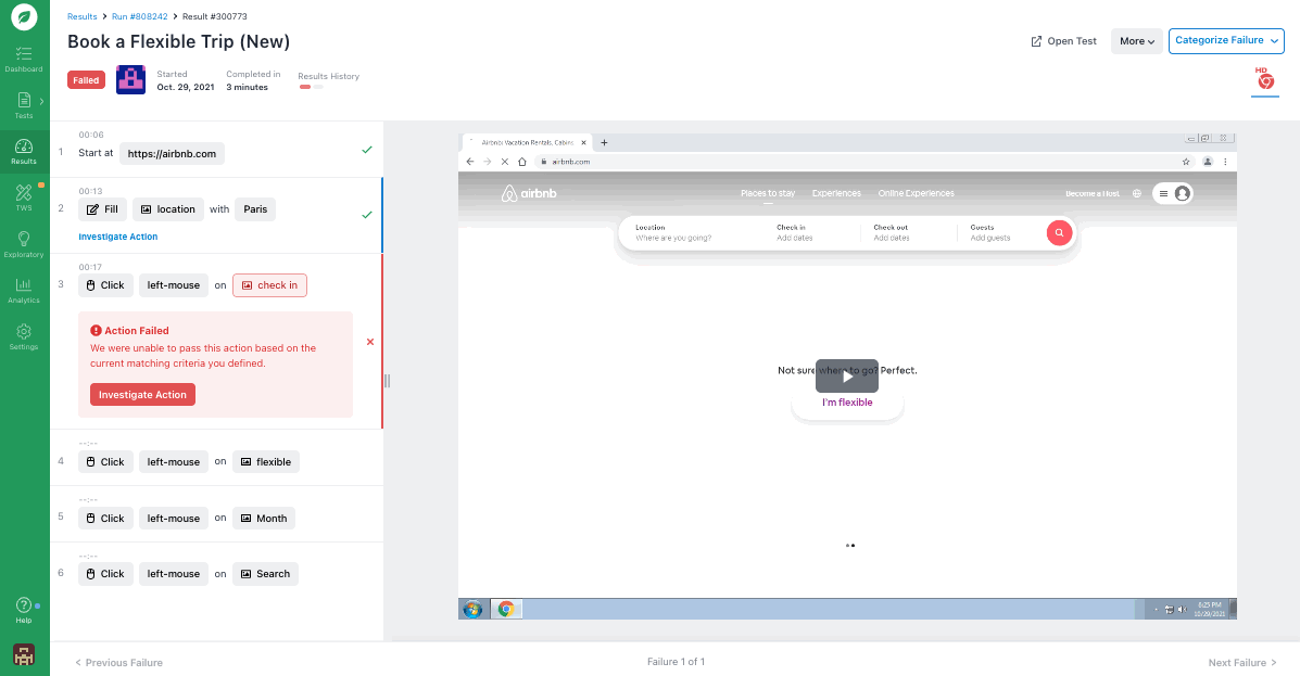 Book a Flexible Trip: Action Failed example