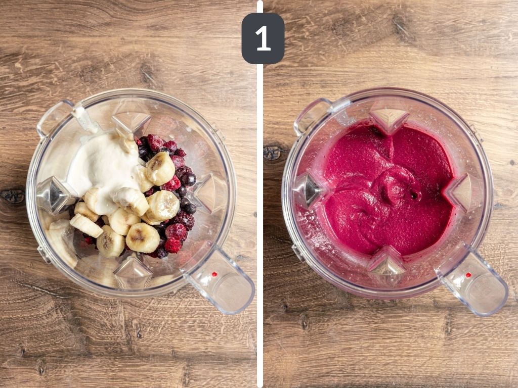 Cherry Berry Smoothie Bowl in a blender.