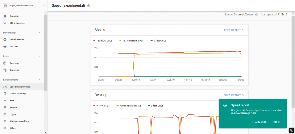 Google Search Console Speed Update - relatório de velocidade