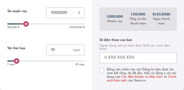 đăng ký vay tiền tại vamo