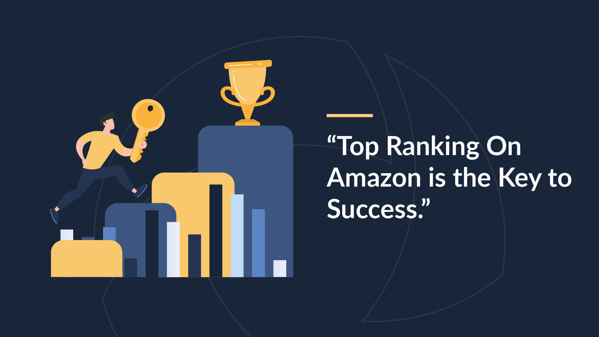 Image of man climbing stairs to a trophy with a large golden key. Caption "Top ranking on Amazon is the key to success".