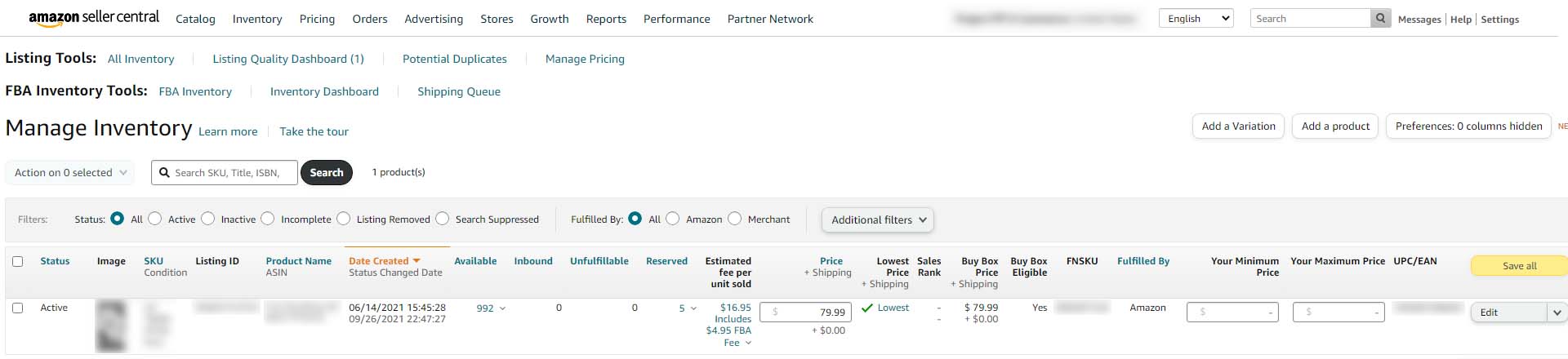 Image showcasing where to find the ""edit"" button for a listing in Seller Central.