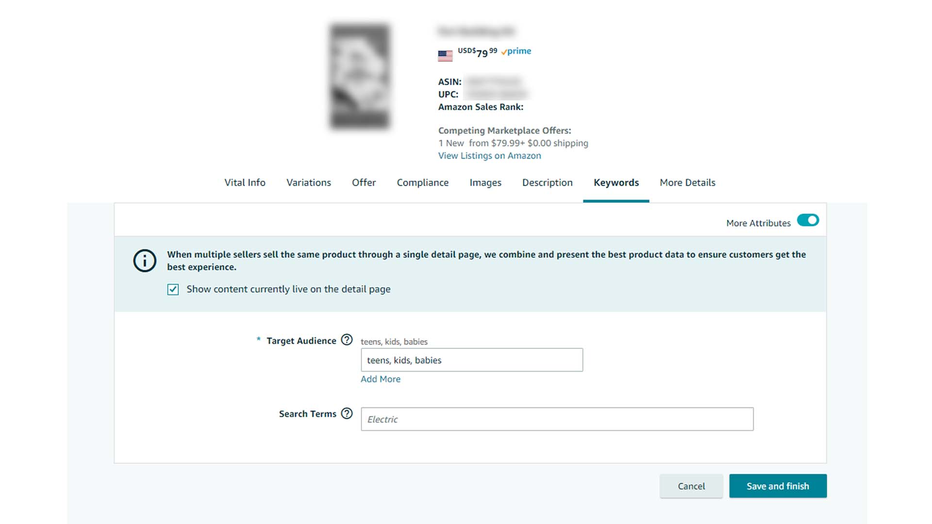 Image showcasing where to find the ""keywords"" section while editing a listing in Seller Central.