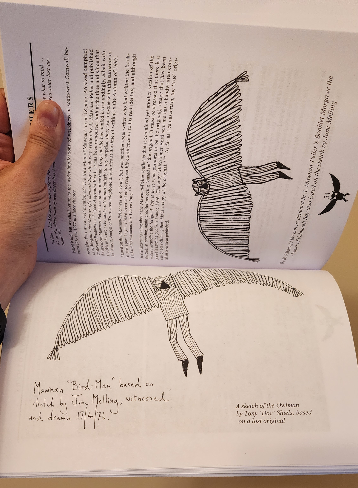 Photo of a simple inked sketch from the page of a book. It shows a scary looking bird-like humanoid creature that appears to be wearing...pants?