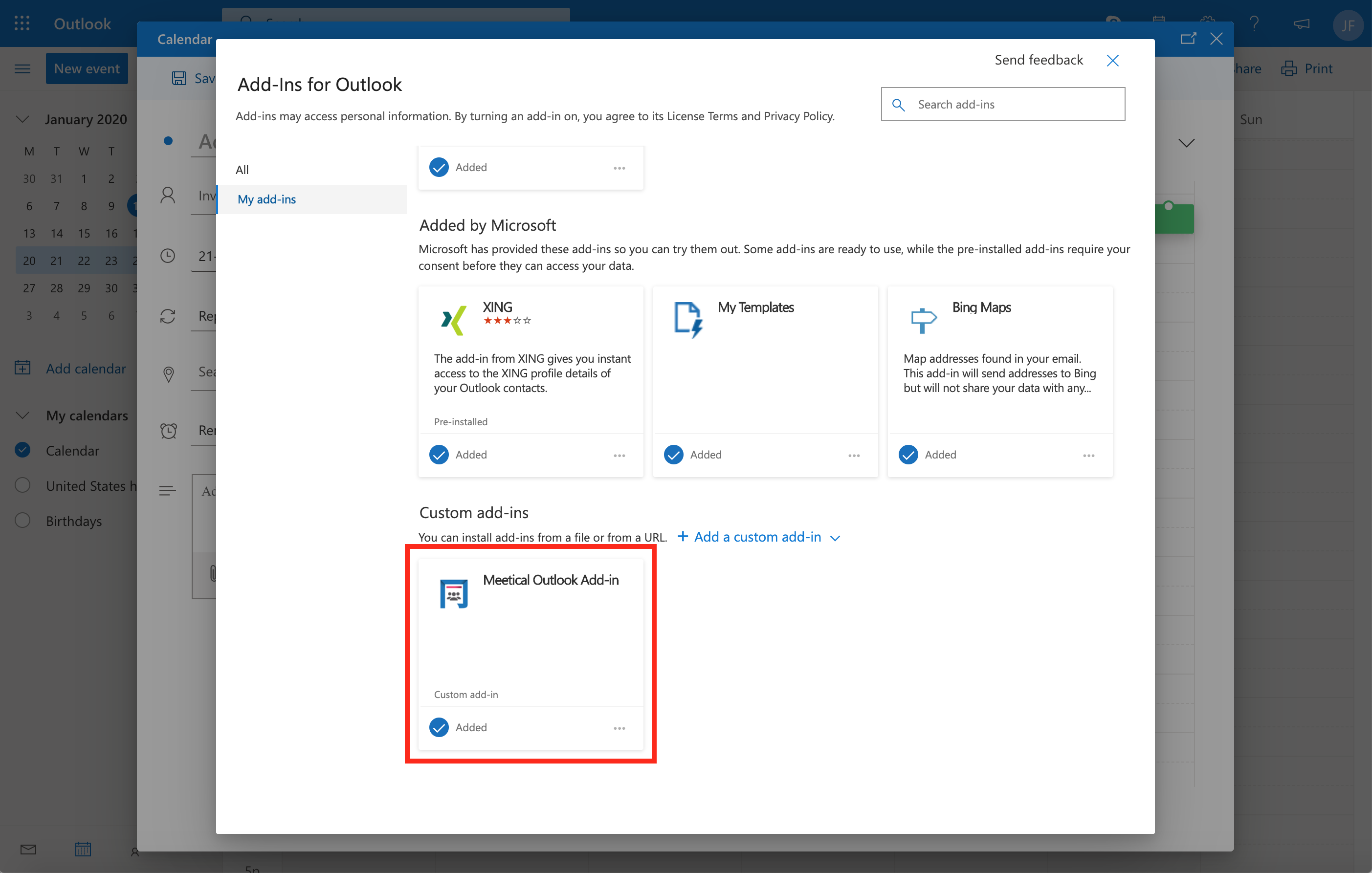 Setup Outlook Calendar Add in