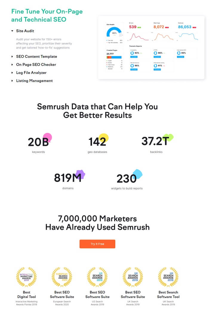 semrush landing page