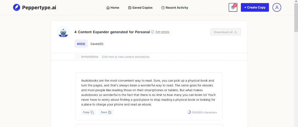 Peppertype AI “improved” our audiobook first sentence