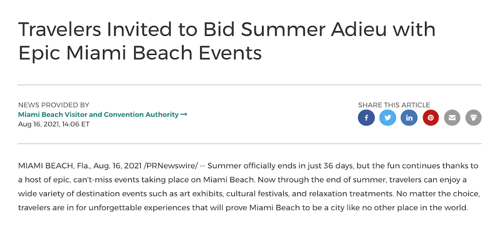 Miami Beach press release headline