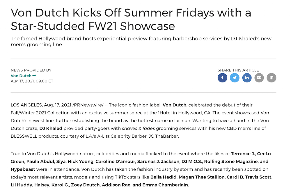 Von Dutch press release