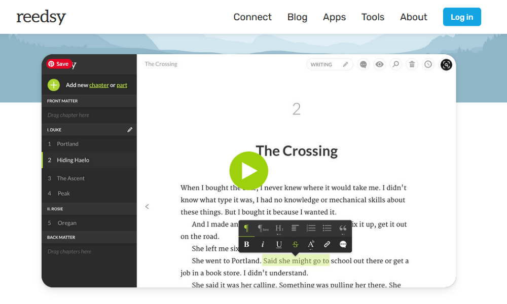 Reedsy Book Editor software for writing a book