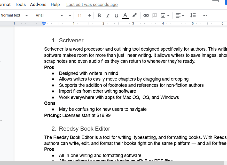 Google Docs software for writing a book