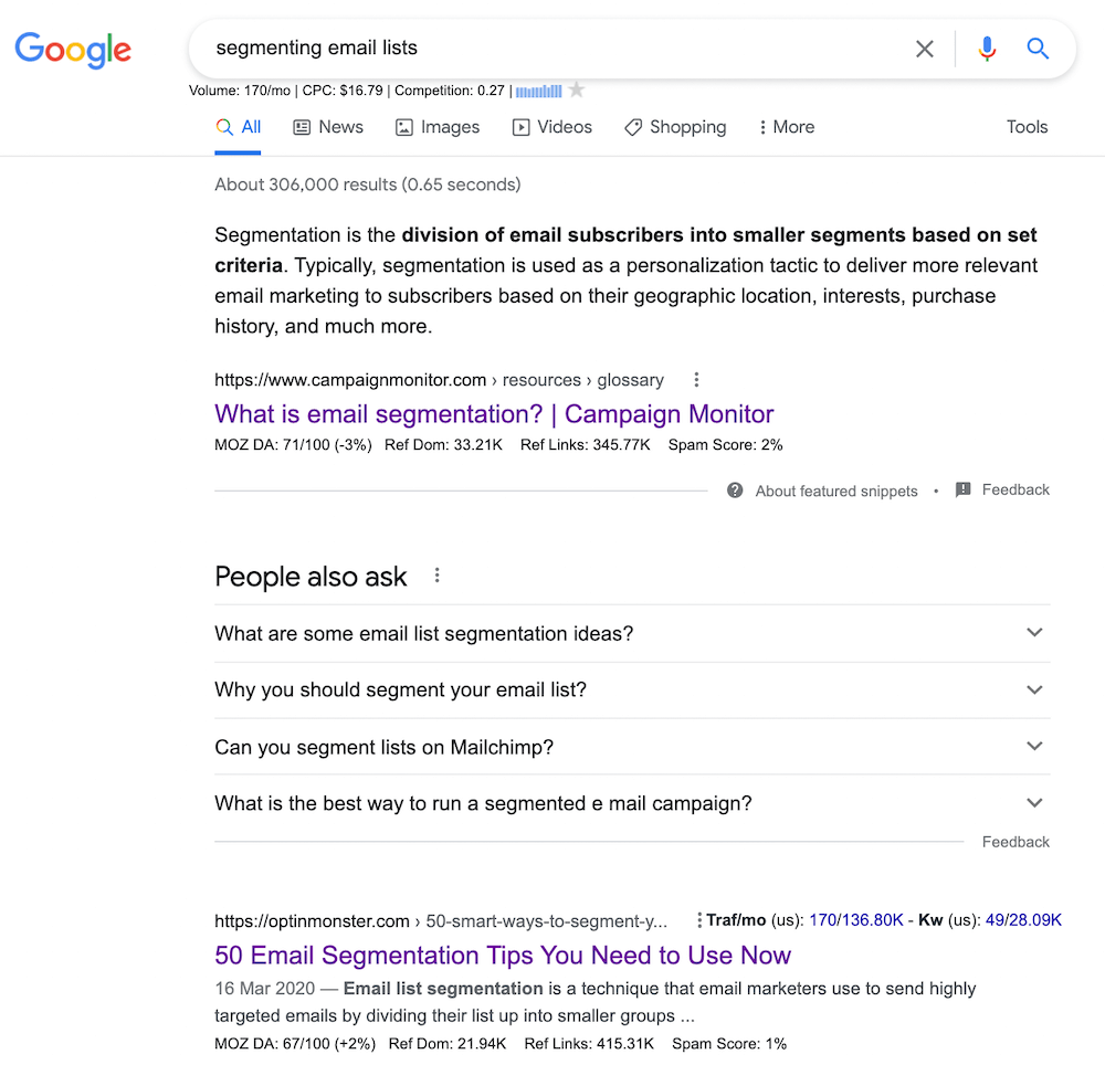 Segmenting email lists search results