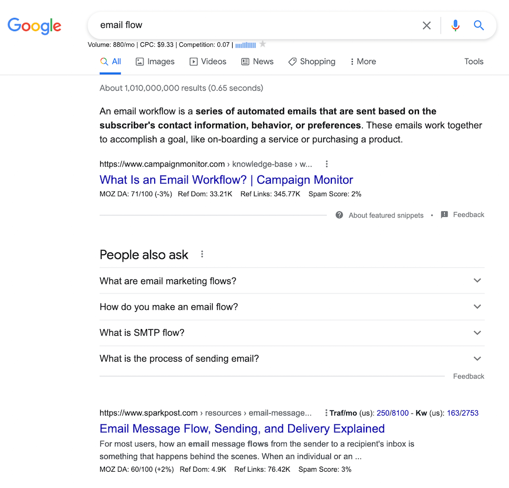 Email flow search results