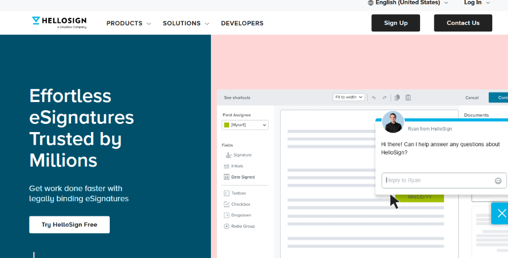 hellosign homepage headline - writing copy for websites