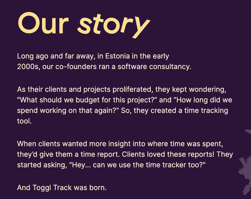 Toggl company bio example