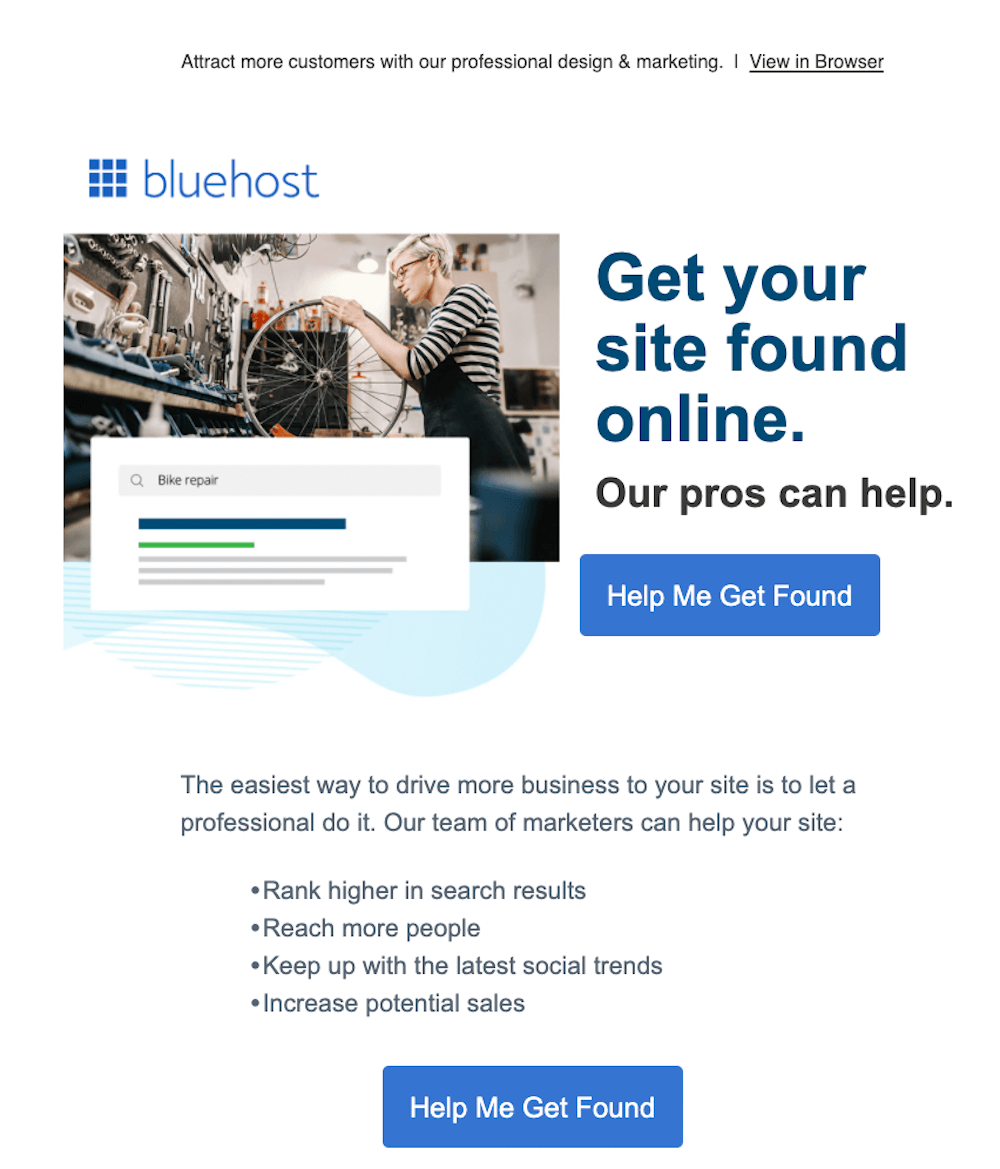 Bluehost marketing email example
