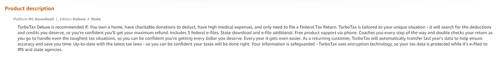TurboTax Deluxe Buyer-Centric Amazon Product Description Example