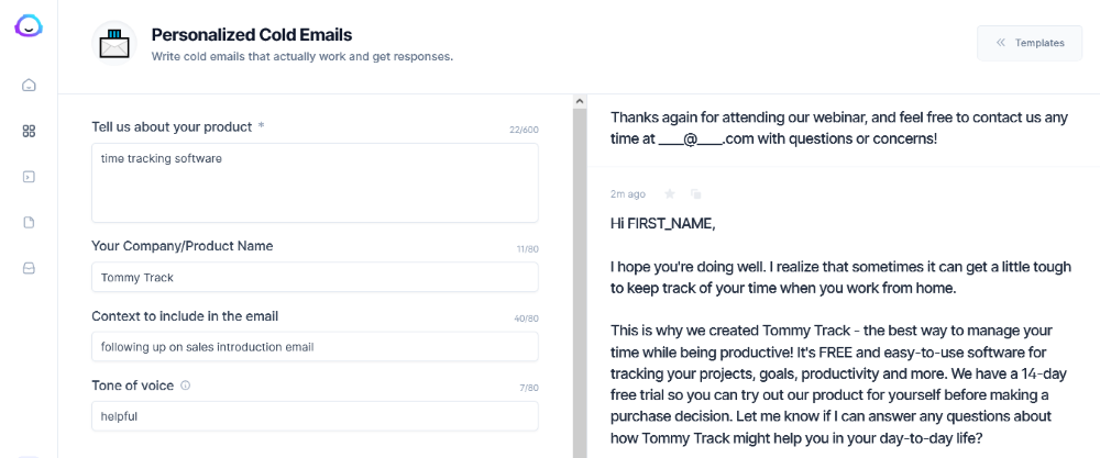 Sales follow up email template generated by Jarvis AI