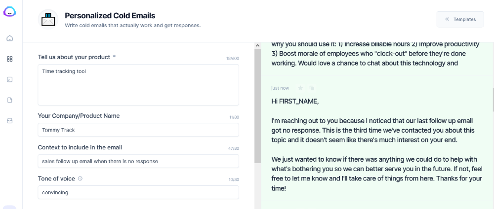Sales follow up email template generated by Jarvis AI