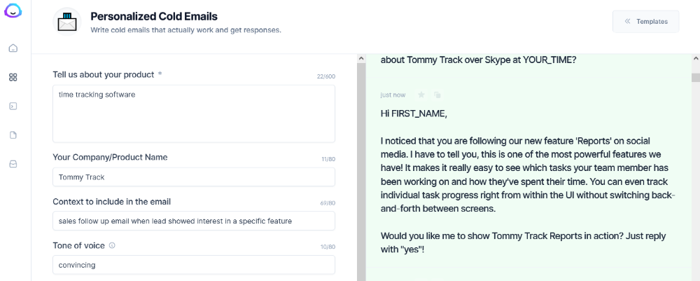Sales follow up email template generated by Jarvis AI