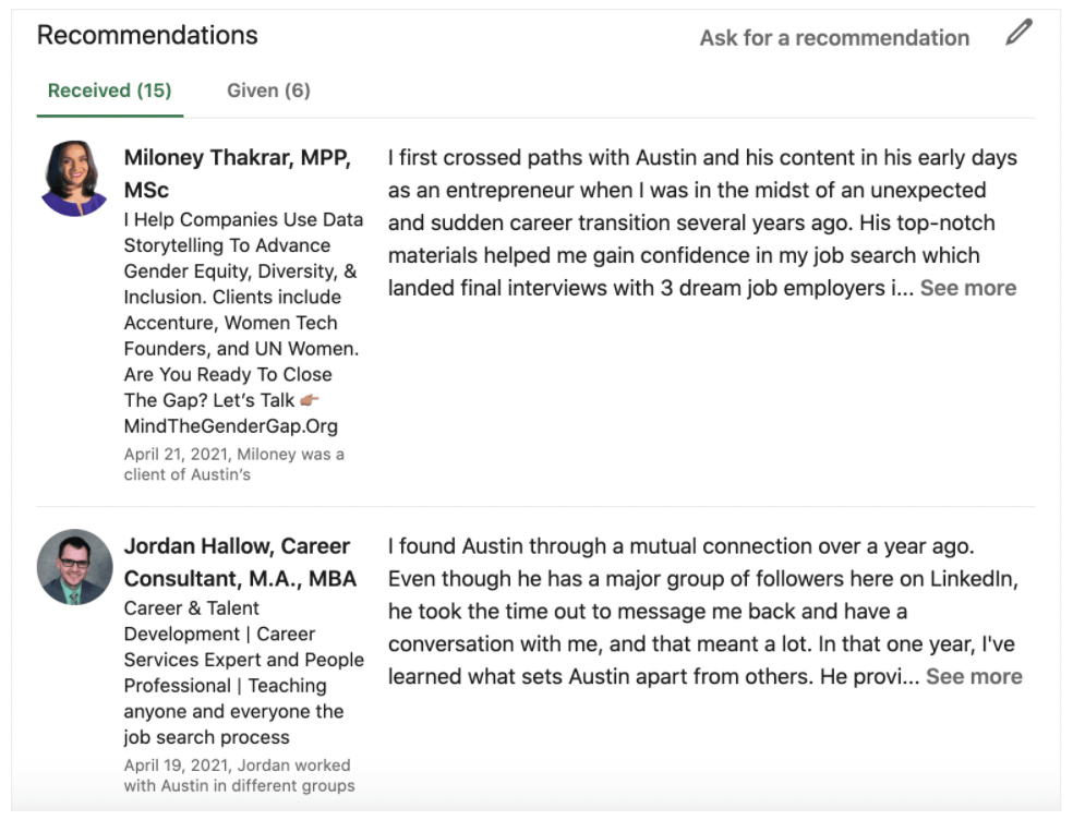 Colleague recommendations on LinkedIn