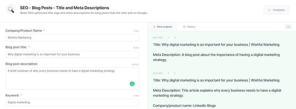 Jarvis SEO title generator for blog posts