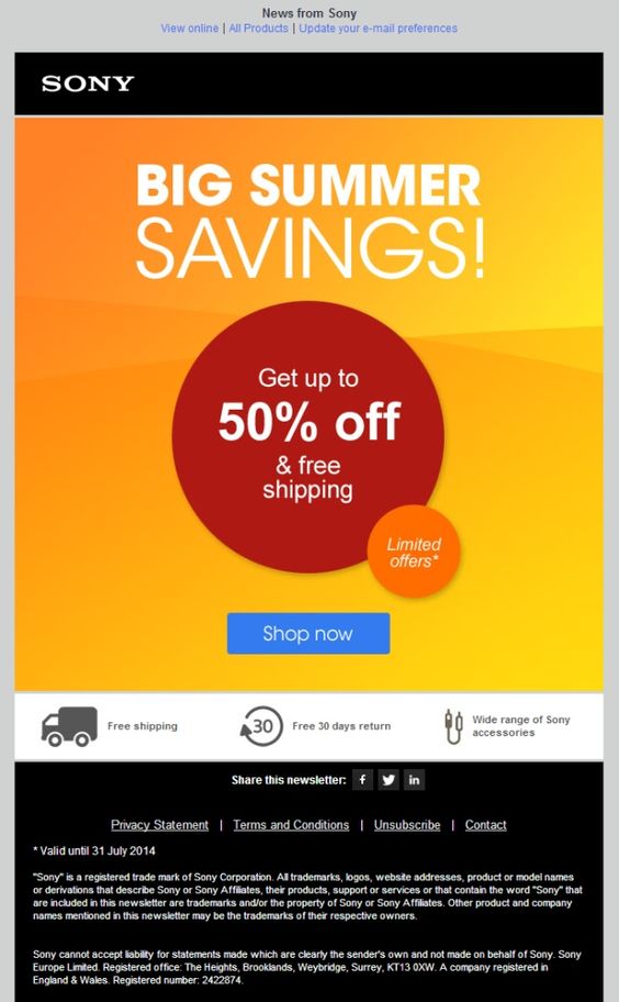 Sony Sale Promo Email