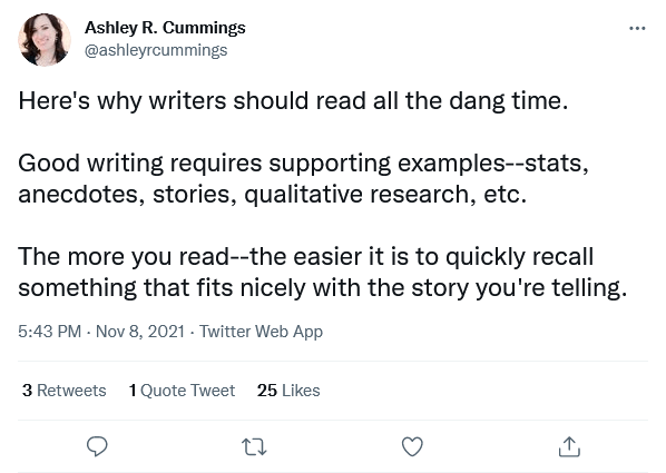 Ashley Cummings tweet about reading - what makes a good writer