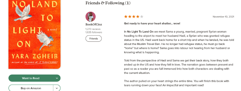 Book of Cinz’s Goodreads review of No Land to Light on by Yara Zgheib