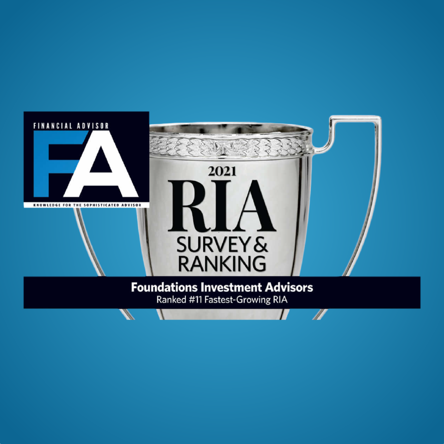 A trophy on a blue background for 2021 Fastest Growing RIA from FA Magazine
