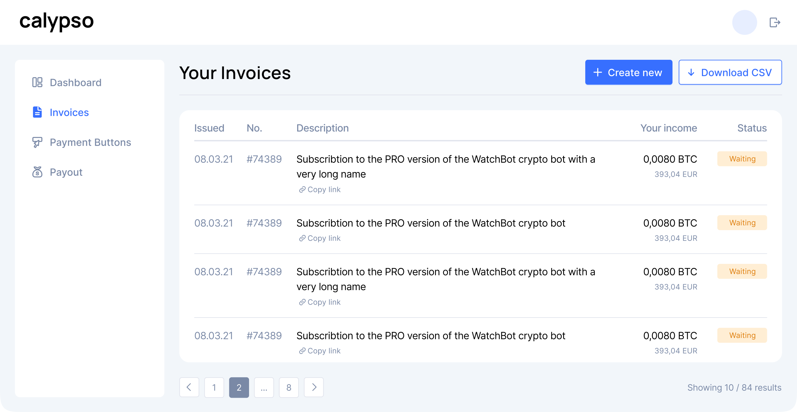 Dashboard invoice